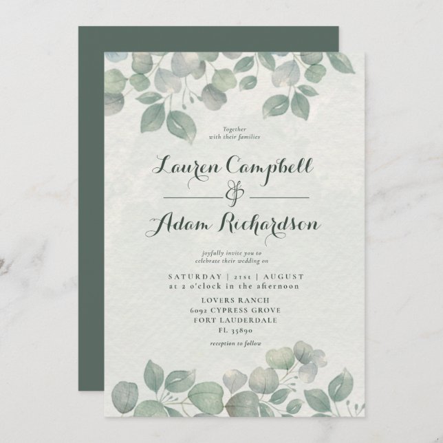 Convite Greenery Eucalyptus Watericolor Sage Casamento Ver (Frente/Verso)
