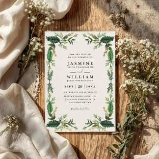 Convite Greenery Evergreen Leaves Rustic QR Code Wedding
