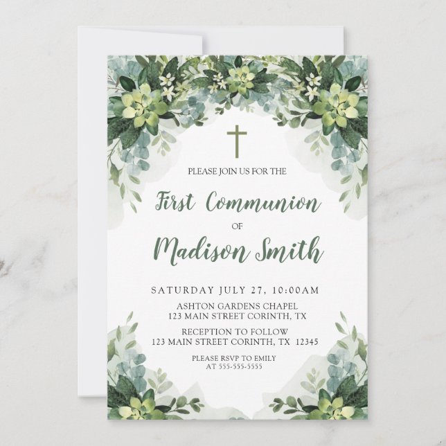 Convite Greenery First Communion Invitation (Frente)