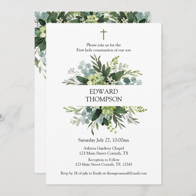 Convite Greenery First Communion Invitation (Frente/Verso)