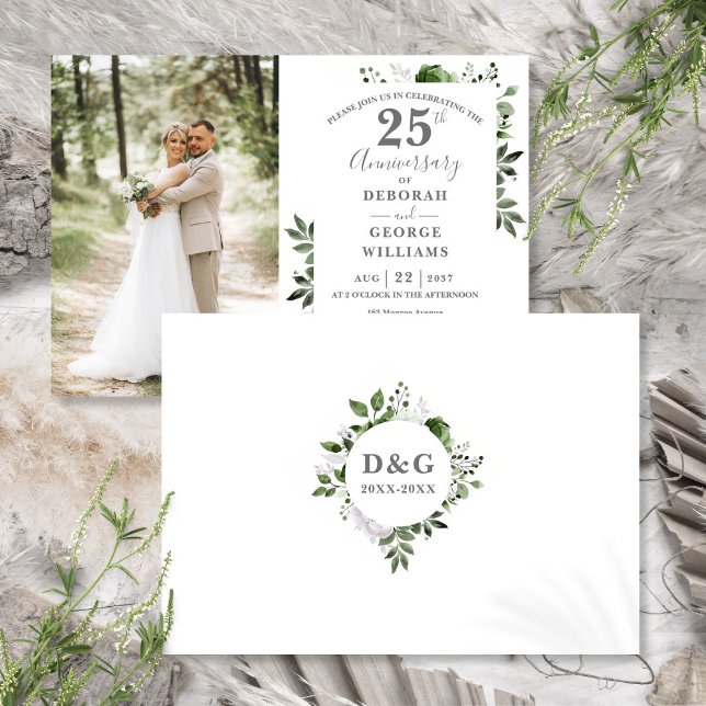 Convite Greenery Floral 25 Casando Foto do Aniversário (Greenery Floral 25th Wedding Anniversary Photo Invitation)