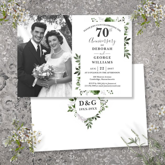 Convite Greenery Floral 70 Casando Foto do Aniversário (Greenery Floral 70th Wedding Anniversary Photo Invitation)