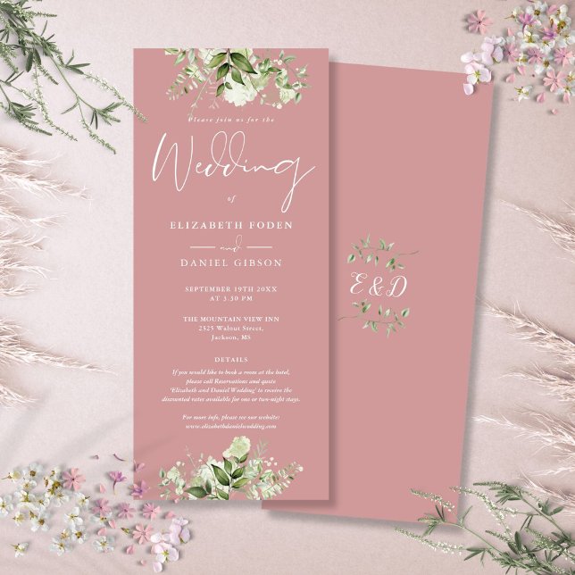 Convite Greenery Floral Details Dusty Rosa Wedding (Greenery Floral Details Dusty Rose Wedding Invitation)
