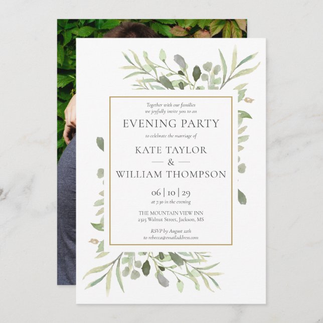 Convite Greenery Floral Foto do Partido da Noite de Casame (Frente/Verso)