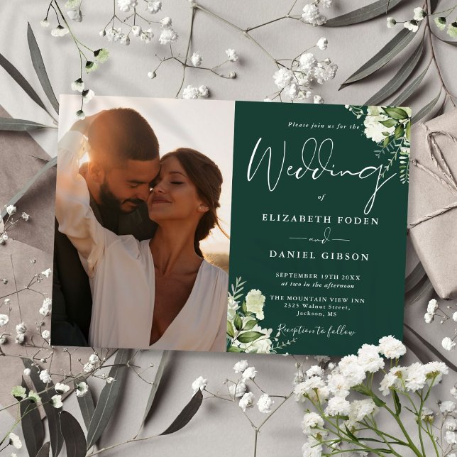 Convite Greenery Floral Foto Emerald Green Wedding (Greenery Floral Photo Emerald Green Wedding Invitation)