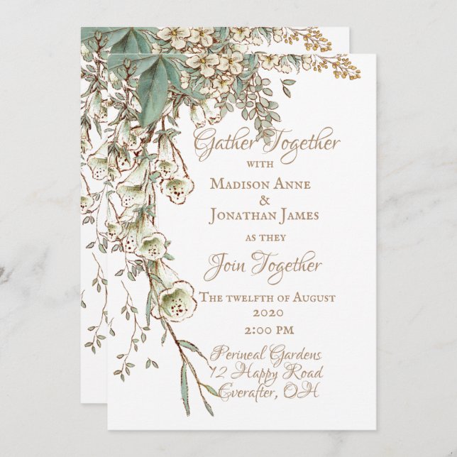 Convite Greenery Floral Garland Script Elegante Casamento (Frente/Verso)