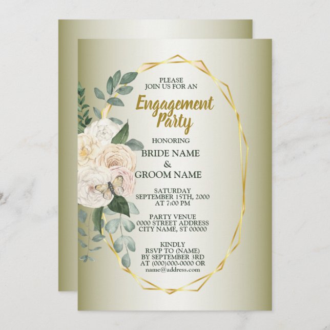 Convite Greenery Floral Gold Geometric Engagement Party (Frente/Verso)