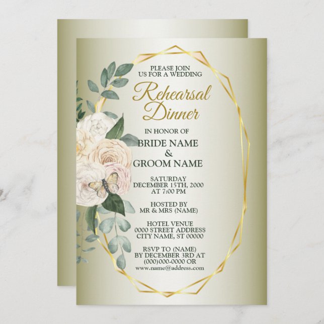 Convite Greenery Floral Gold Geometric Rehearsal Dinner (Frente/Verso)