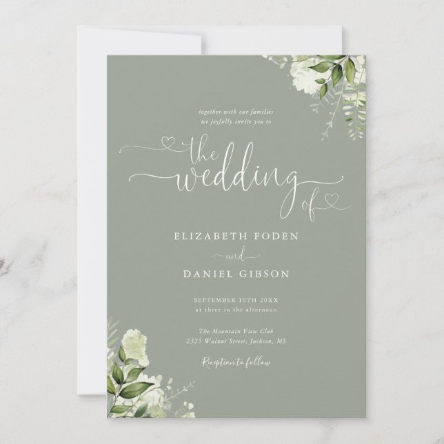 Convite Greenery Floral Hearts Script Sage Green Wedding (Frente)