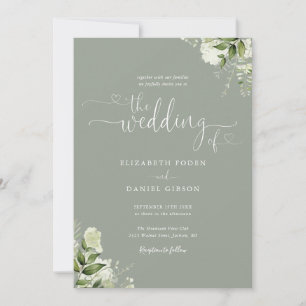 Convite Greenery Floral Hearts Script Sage Green Wedding