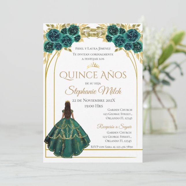 Convite Greenery Floral Mexican Quinceanera Invitation (Em pé/Frente)