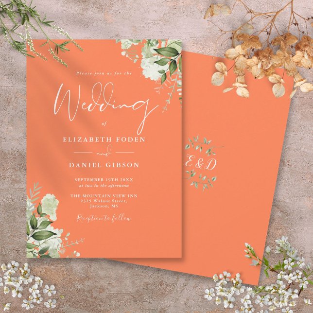 Convite Greenery Floral Monograma Casamento Coral (Greenery Floral Monogram Coral Wedding Invitation)