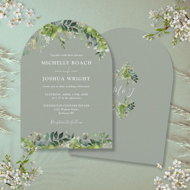 Convite Greenery Floral Monograma Sage Casamento Verde (Greenery Floral Monogram Sage Green Wedding Invitation)
