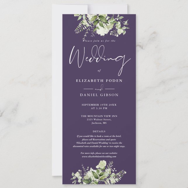 Convite Greenery Floral Monogramas Detalhes Casamento Roxo (Frente)