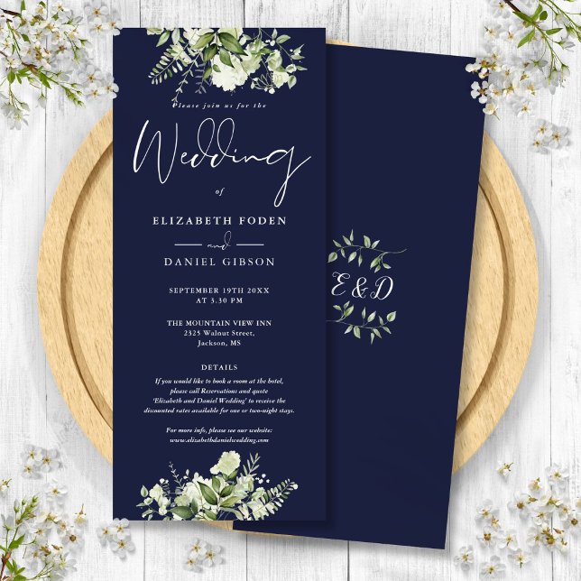 Convite Greenery Floral Monogramas Detalhes Marinho Casame (Greenery Floral Monogram Details Navy Blue Wedding Invitation)