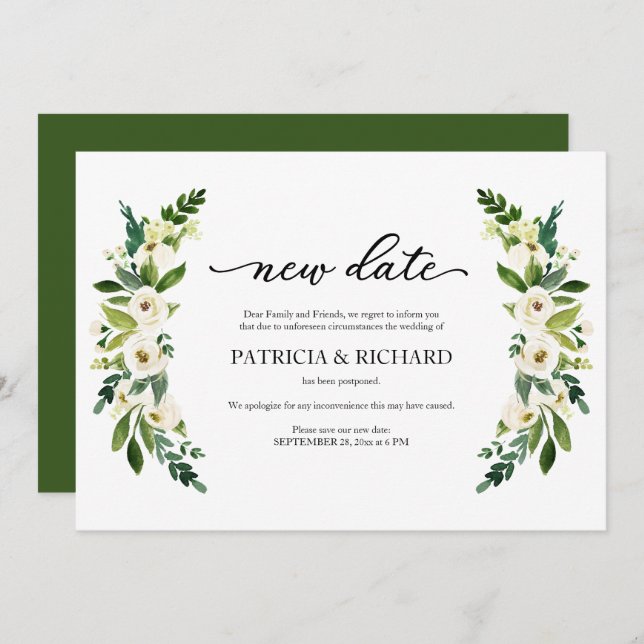 Convite Greenery Floral Nova Data Adiamento de Casamento (Frente/Verso)