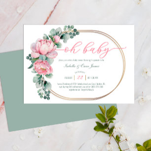 Convite Greenery Floral Oh Bebê Rosa Dourado Chá de fralda