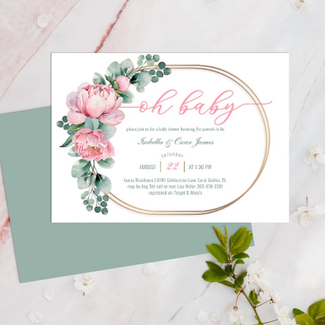 Convite Greenery Floral Oh Bebê Rosa Dourado Chá de fralda (Oh Baby Shower Invite)
