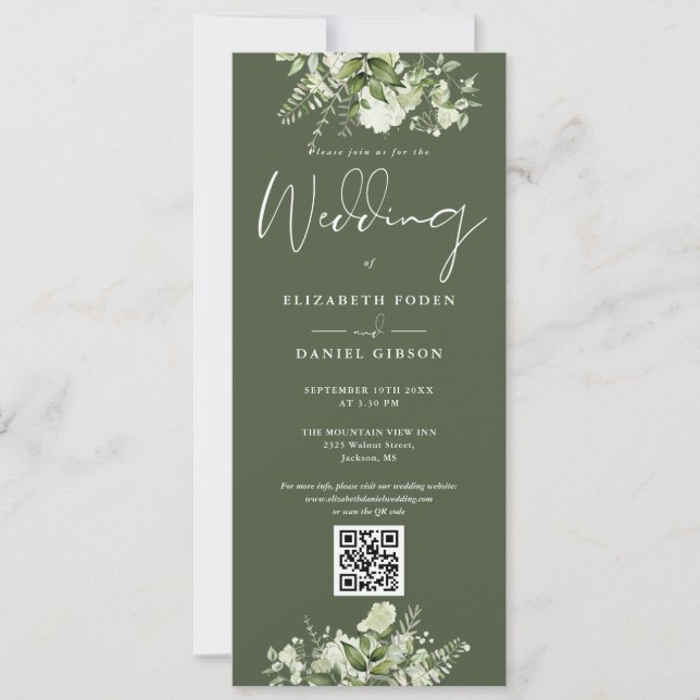 Convite Greenery Floral Olive Green Código QR Casamento (Frente)