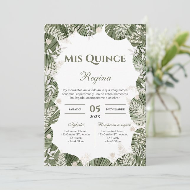 Convite Greenery Floral Quinceañera Spanish  (Em pé/Frente)