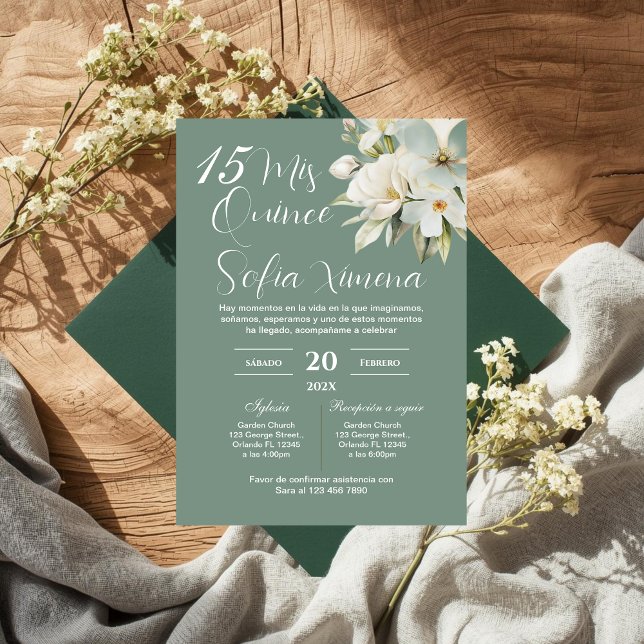 Convite Greenery Floral Quinceañera Spanish Invitation (Criador carregado)