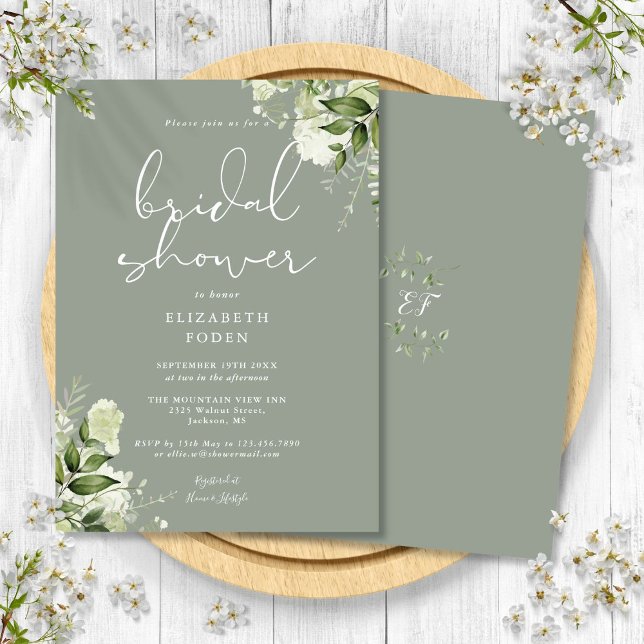 Convite Greenery Floral Sage Chá de panela Verde (Greenery Floral Sage Green Bridal Shower Invitation)