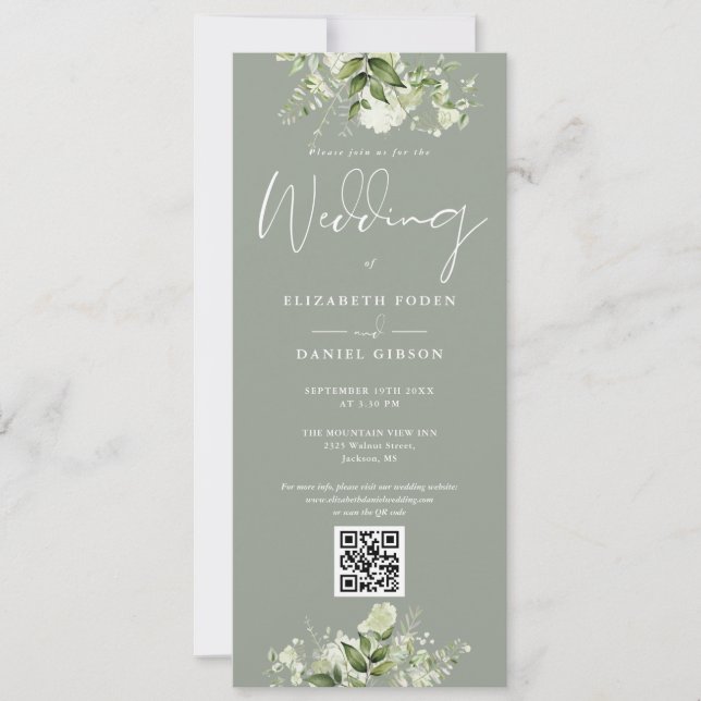 Convite Greenery Floral Sage Green Código QR Casamento (Frente)