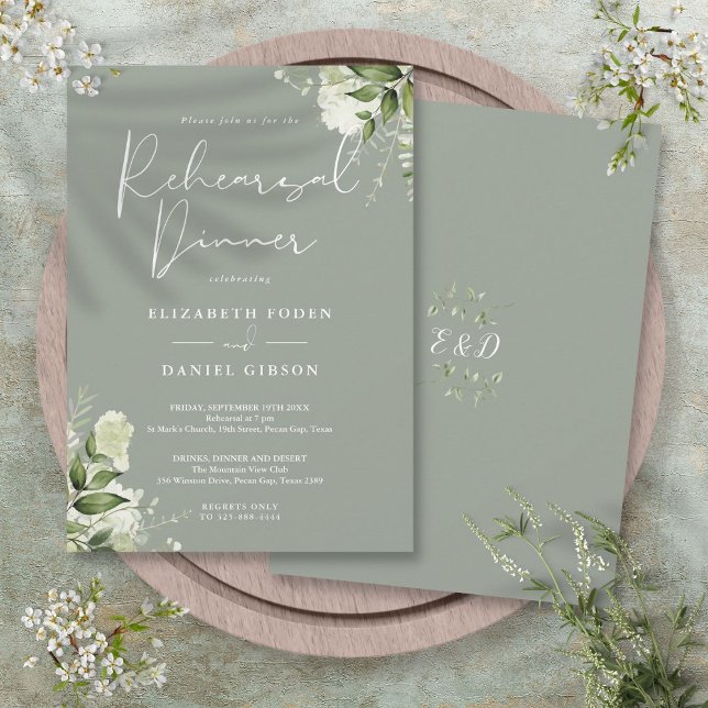Convite Greenery Floral Sage Janto de Ensaios Verdes (Greenery Floral Sage Green Rehearsal Dinner Invitation)