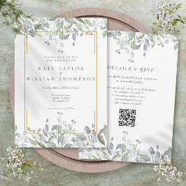 Convite Greenery Floral Sage Lilac Código QR Casamento