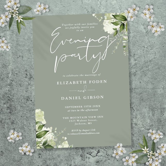 Convite Greenery Floral Sage Partido de Casamento Verde No (Greenery Floral Sage Green Wedding Evening Party Invitation)