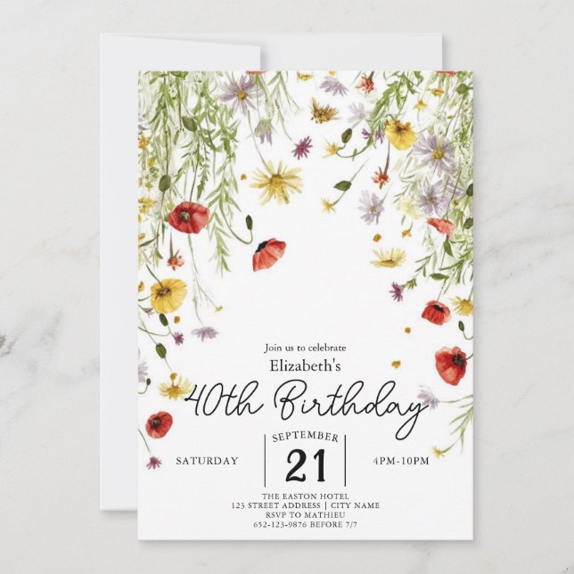 Convite Greenery Floral Wildflower aniversário de 40 anos (Frente)