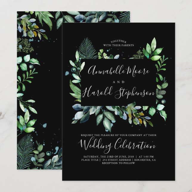 Convite Greenery | Floresta | Casamento Modern Watercolor (Frente/Verso)