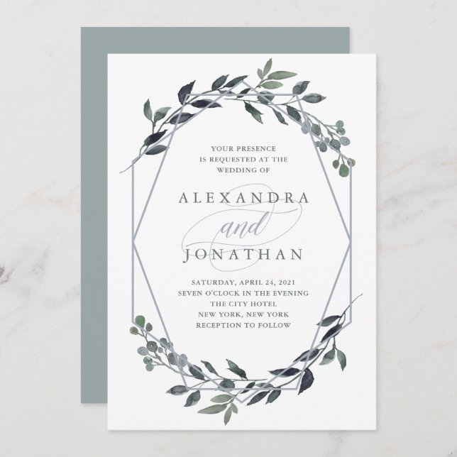 Convite Greenery Geo | Silver Wedding (Frente/Verso)