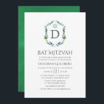Convite Greenery Laurel Crest Bat Mitzvah<br><div class="desc">Leafy Crest monogramou bat mitzvah convite personalizável com sua inicial.</div>