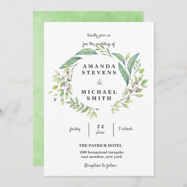Convite Greenery Laurel Olive Wreath Watercolor Casamento (Frente/Verso)