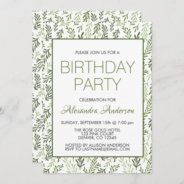 Convite Greenery Leaf Pattern Bolsa mensageifesta de anive (Frente/Verso)