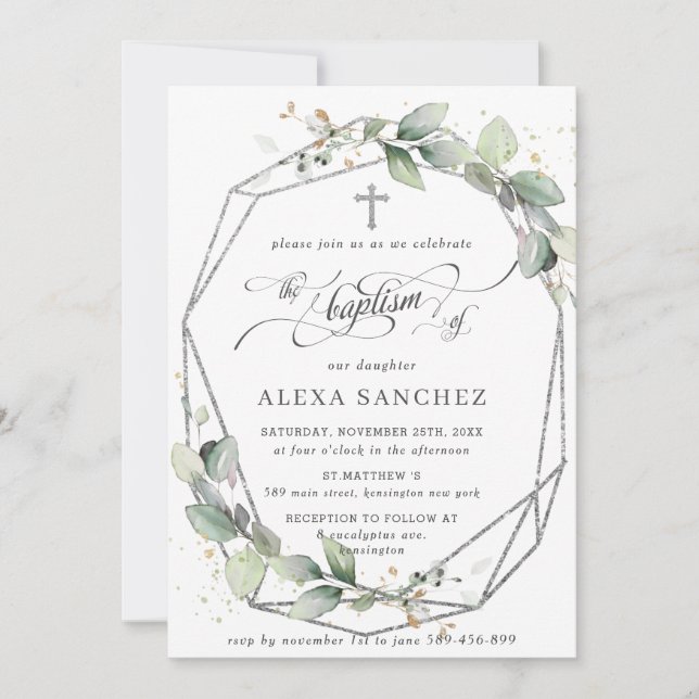 Convite Greenery Leafy Foliage Baptism Silver Geométrico (Frente)