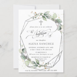 Convite Greenery Leafy Foliage Baptism Silver Geométrico