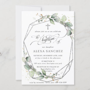 Convite Greenery Leafy Foliage Baptism Silver Geométrico