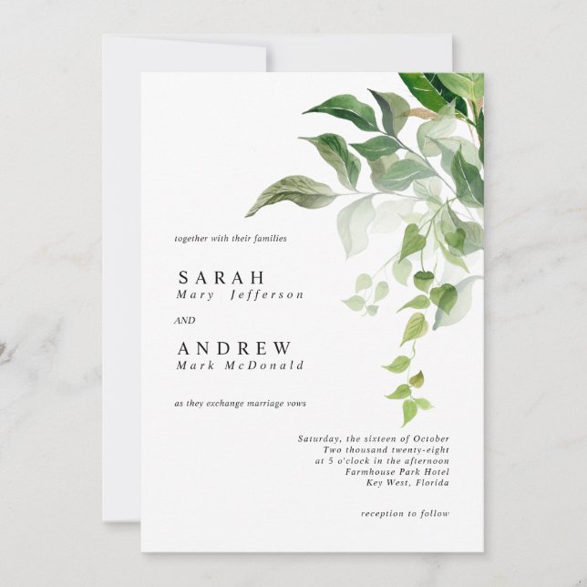 Convite Greenery Leaves Modern Minimal Wedding (Frente)