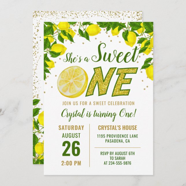 Convite Greenery Lemon Sweet One First Birthday (Frente/Verso)