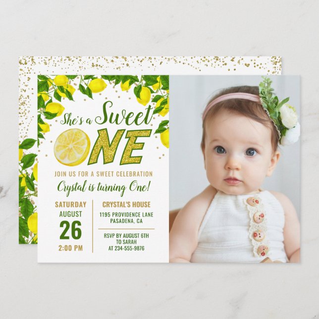 Convite Greenery Lemon Sweet One First Birthday Foto Invi (Frente/Verso)