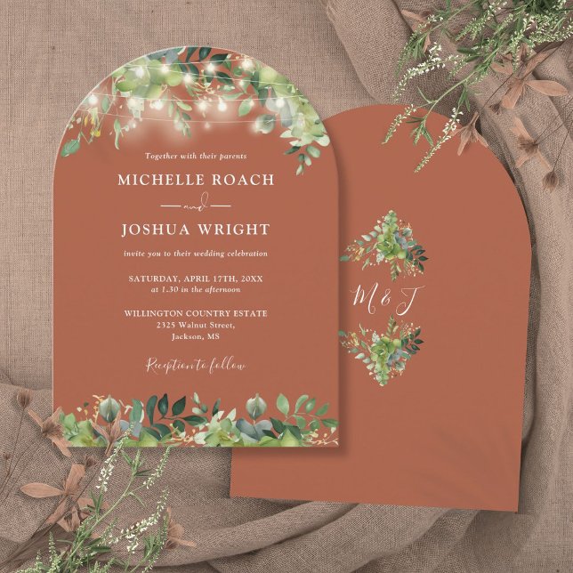 Convite Greenery Lights Monograma Terracotta Wedding (Greenery Lights Monogram Terracotta Wedding Invitation)