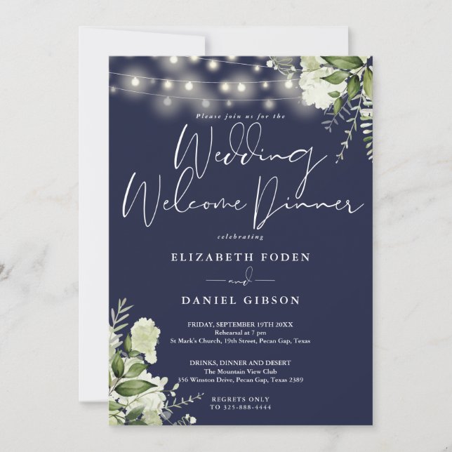 Convite Greenery Lights Navy Blue Wedding Welcome Dinner (Frente)