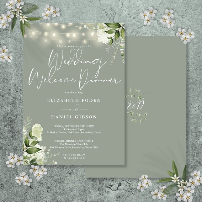 Convite Greenery Lights Sage Green Wedding Welcome Dinner (Greenery Lights Sage Green Wedding Welcome Dinner Invitation)