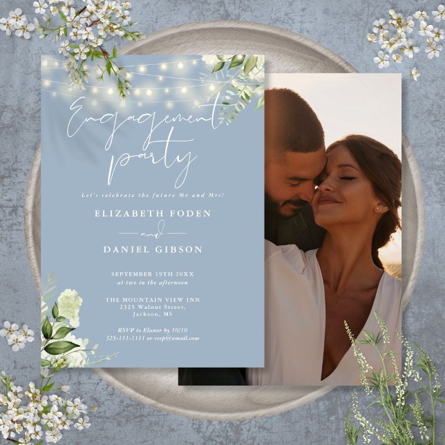 Convite Greenery Luz Azul Festa de noivado de Foto (Greenery Lights Dusty Blue Photo Engagement Party Invitation)
