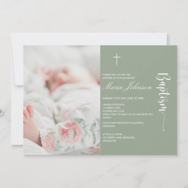 Convite Greenery modern Photo Baptism invitation (Frente)