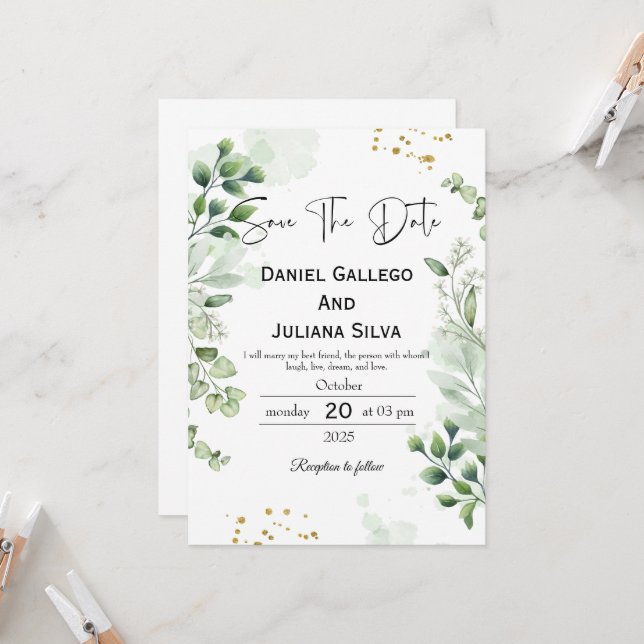 Convite Greenery Modern Save The Date Invitation (Frente/Verso In Situ)