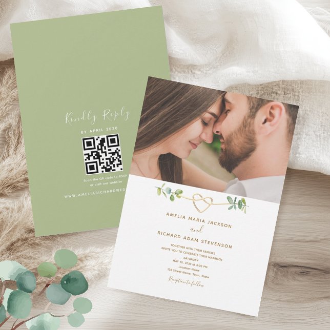 Convite Greenery Photo QR Code Wedding (Criador carregado)