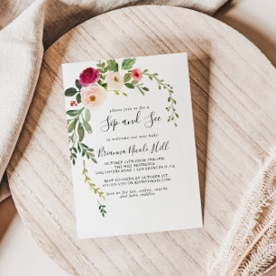 Convite Greenery Pink Blush Floral Sip and See